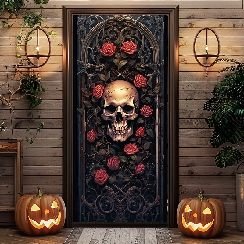 Halloween Door Decorations Skeleton Halloween Door Covers Door Tapestry Door Curtain Decoration Backdrop Door Banner for Front Door Farmhouse Holiday Party Decor Supplies Pumpkins Crow3