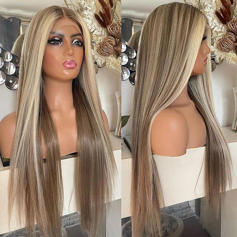 Remy Human Hair 13x4 Lace Front Wig Middle Part Brazilian Hair Silky Straight Multi-color Wig 130% 150% Density with Baby Hair Highlighted / Balayage Hair With Bleached Knots Pre-Plucked For Women
