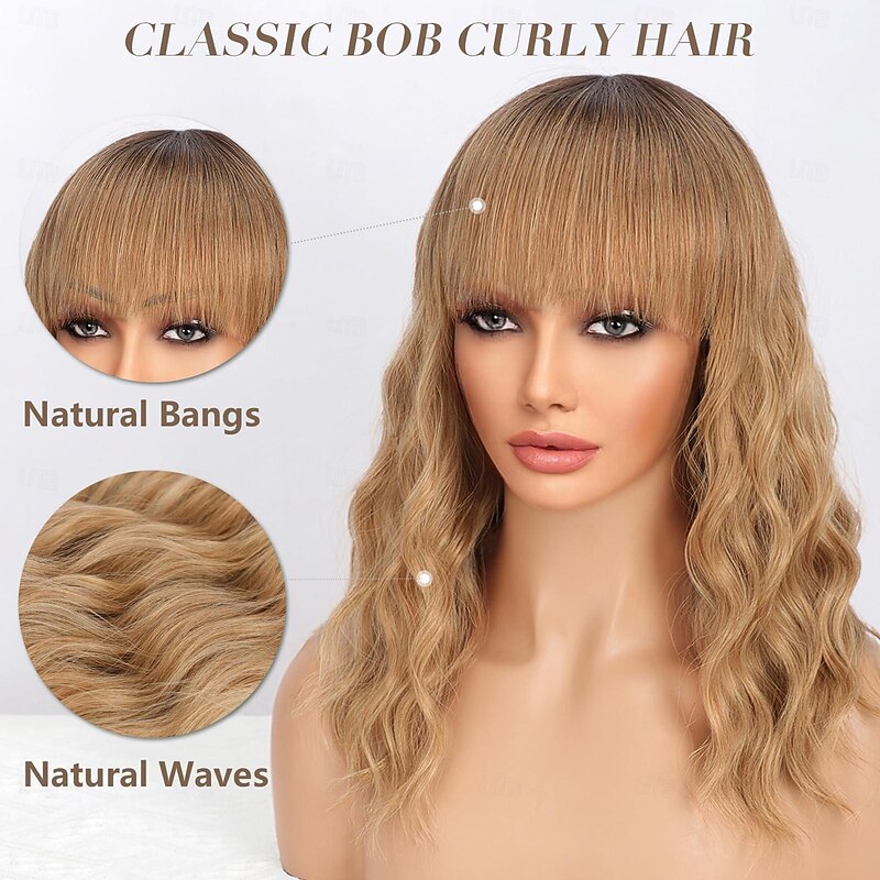 Ombre Brown Wig with Bangs for Women Shoulder Length Bob Wavy Charming Synthetic Wigs with Natural Curly Heat Resistant Hair Halloween Wigs2