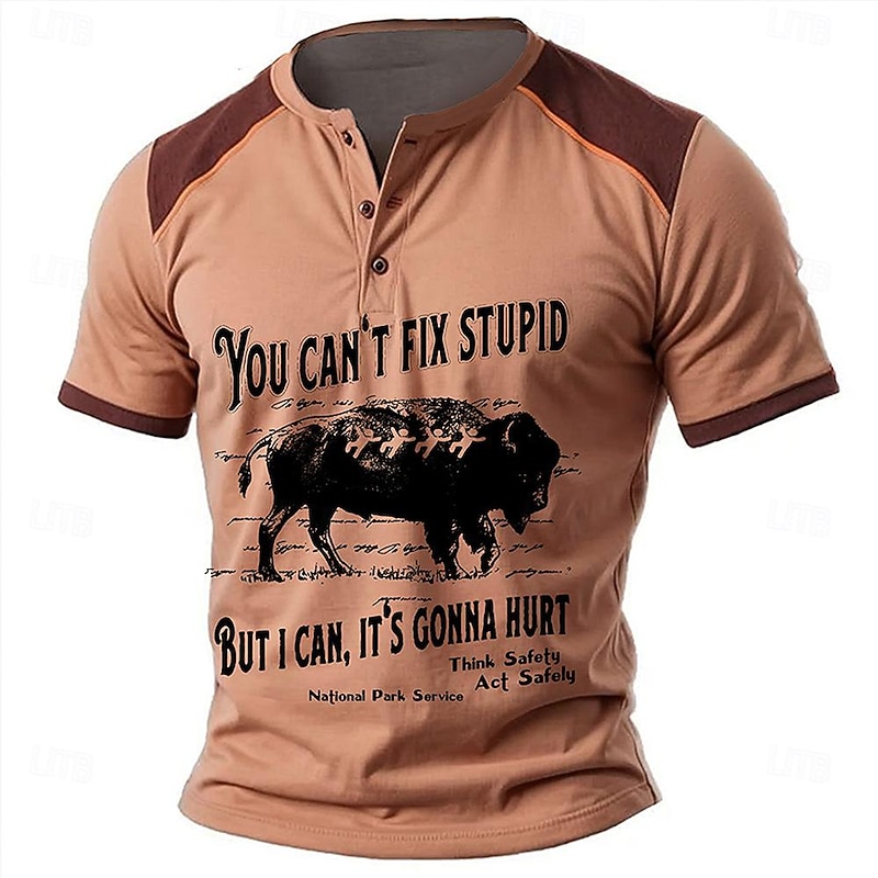 Men's Cow T shirt Henley Shirt Short Sleeve 3D Print Designer Retro Vintage Western Style Street Casual Daily Summer Spring Red Green Khaki Henley Henley T-Shirt4