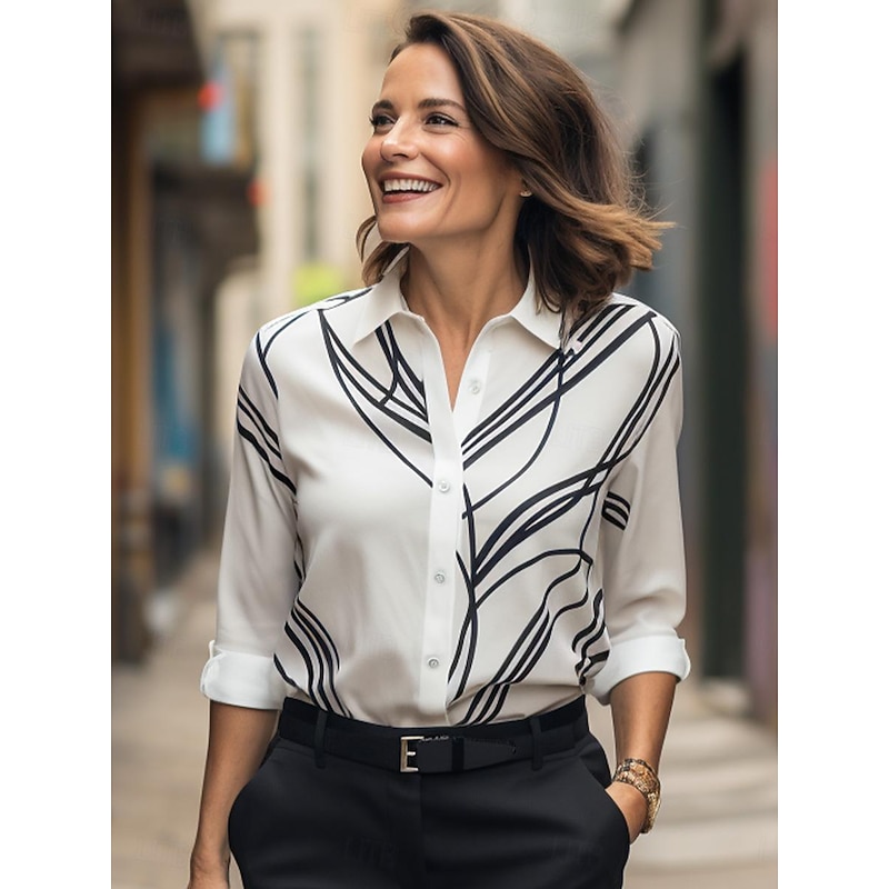 Women's Shirt Button Down Tunic Shirt Collar Long Sleeve Elegant Modern Geometric Print Regular Tops Work White Spring Fall3