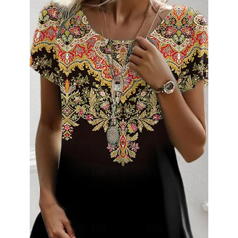 Women's Mini Dress Petite Dress T Shirt Dress Tee Dress A Line Dress Summer Dress Stylish Casual Vacation Daily Holiday Loose Fit Graphic Short Sleeve Crew Neck Orange Summer3