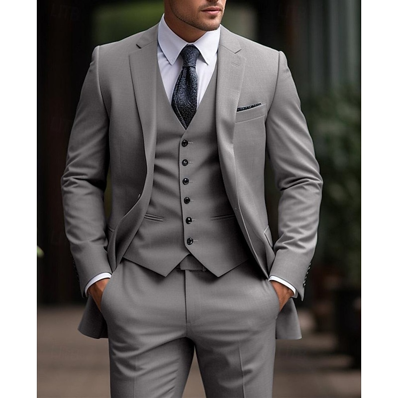 Men's Wedding Suits Notch Light Grey Daily Business Solid Colored Plus Size 3 Piece Single Breasted Two-buttons2