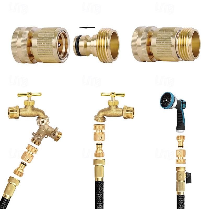 Garden Hose Quick Connect Solid Brass Quick Connector Garden Hose Fitting Water Hose Connectors Easy Connect Hose Adapter (1 Sets of Male & Female Connector)