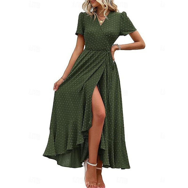 Women's Casual Dress Maxi Dress Ruffle Patchwork Date Vacation Streetwear Maxi V Neck Short Sleeve Navy Blue Blue Army Green Color3