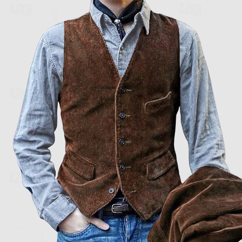 Men's Vest Gilet Vacation Daily Vintage Fashion Spring &  Fall Buttons Decorative pockets Polyester Corduroy Comfortable Plain Single Breasted One-button V Neck Regular Fit Black Blue Brown Army Green3