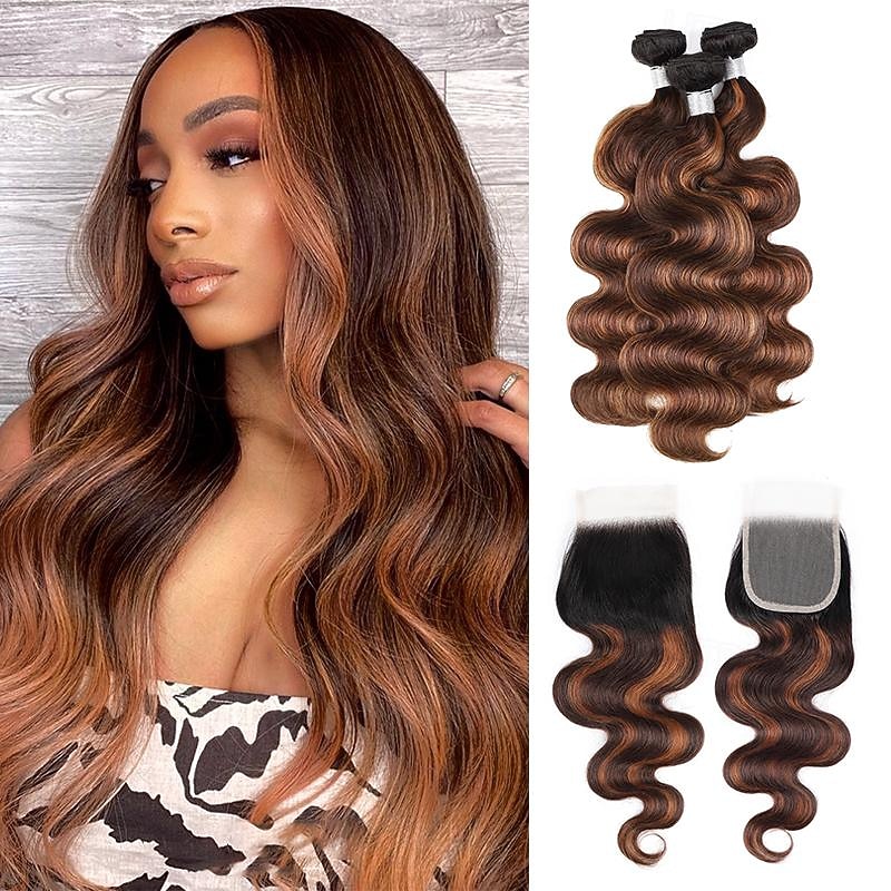 T1B/4/30 Body Wave  Highlight Human Hair 3 Bundles With Lace Closure