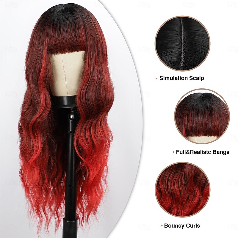 Wigs with Bangs Long Wavy Wig for Women Wigs with Bangs Synthetic Heat Resistant Fiber Wigs Halloween Cosplay Party Wigs3