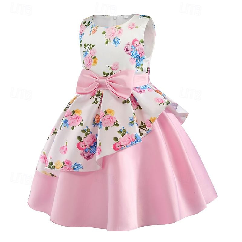 Kids Girls' Party Dress Floral Sleeveless Performance Birthday Tie Knot Beautiful Sweet Polyester Knee-length Party Dress Swing Dress A Line Dress Summer 4 years+ Yellow Pink Red2