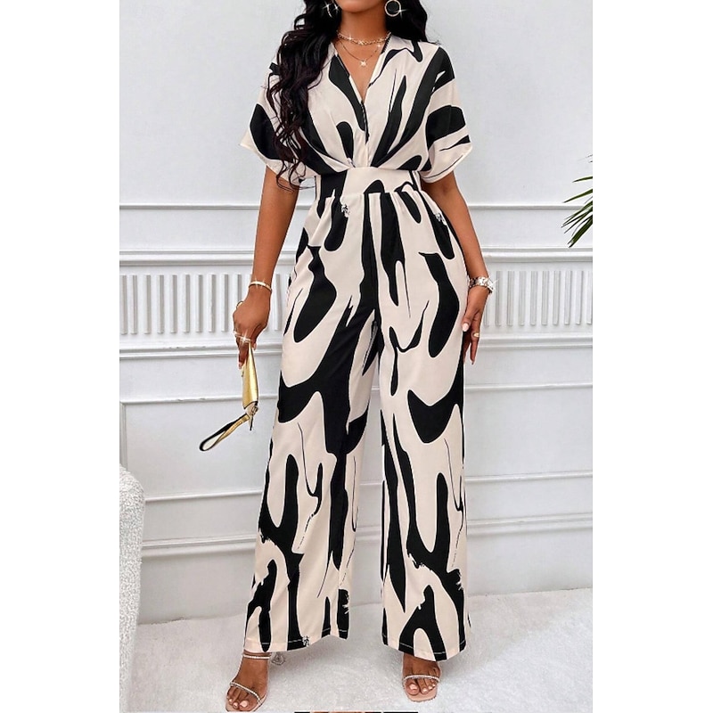 Women's Normal Jumpsuit Elegant Color Block Short Sleeve Butterfly Sleeve V Neck Print Work Daily Regular Fit White Orange Brown Summer4
