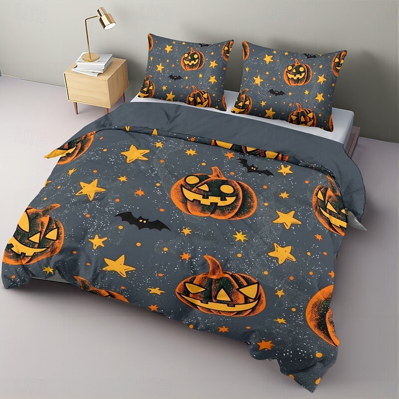 Halloween Duvet Cover Set Jack O Lantern Pumpkin Spooky and Festive Design - Includes Duvet Cover and Pillowcases - Soft and Comfortable Fabric - Perfect for Adding Halloween Spirit to Your Bedroom4