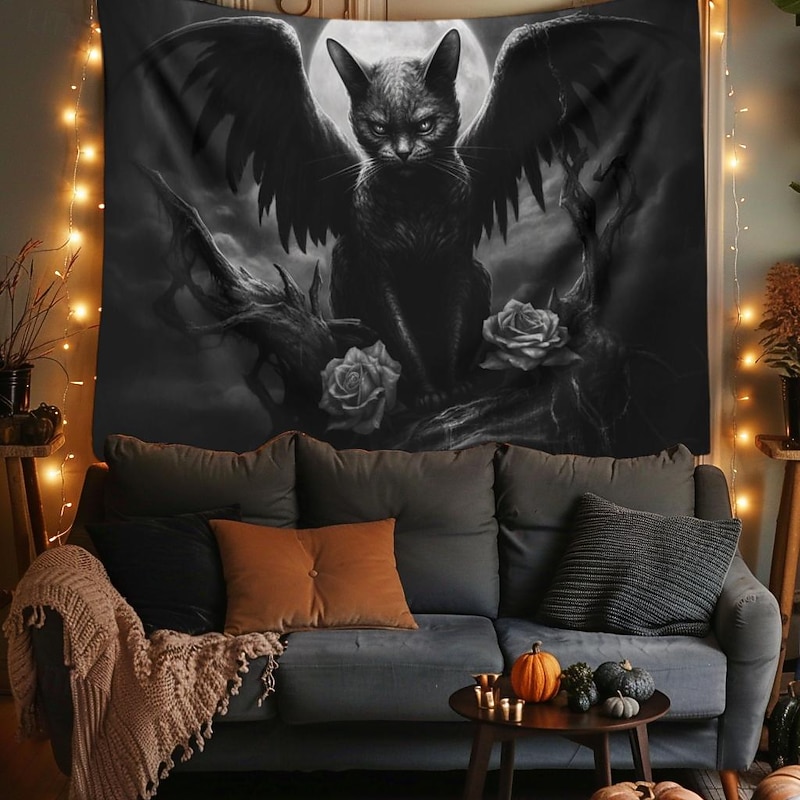 Black Cat Wings Hanging Tapestry Wall Art Large Tapestry Mural Decor Photograph Backdrop Blanket Curtain Home Bedroom Living Room2