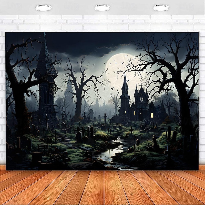 Halloween Creepy Forest Photo Backdrop, Hanging Tapestry Wall Art with Ghost & Graveyard Design, Large Mural Blanket Curtain for Home, Bedroom, or Living Room Decoration
