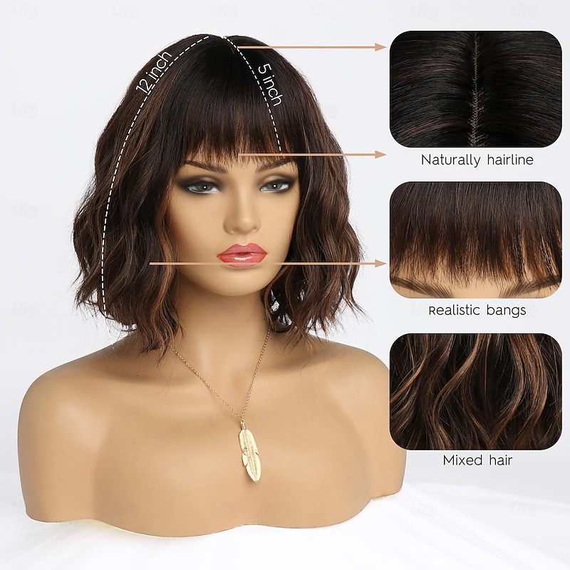 Short Brown Highlight Wigs for Women Ombre Dark Brown Mixed Gold Wig Highlights with Bangs Medium Length Synthetic Hair Wavy Bob Wig Colorful Wigs Halloween Wigs3