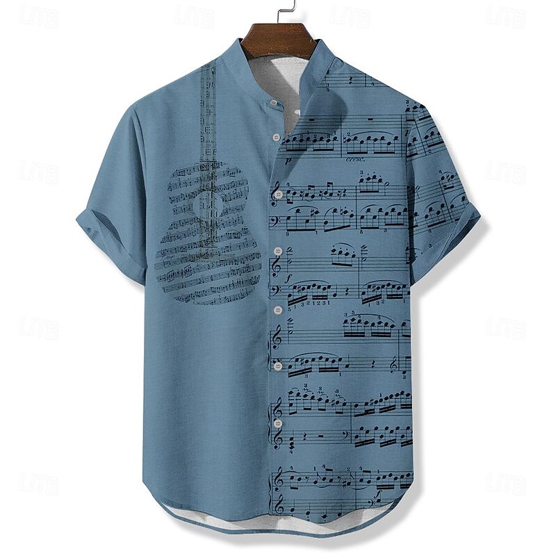 Men's Boardmasters Music Guitar Shirt Button Up Shirt Short Sleeve Vintage Casual Daily Summer Spring Grandad Collar Band Collar Button Up Pocket 3D Print Blue Brown Khaki Beige3
