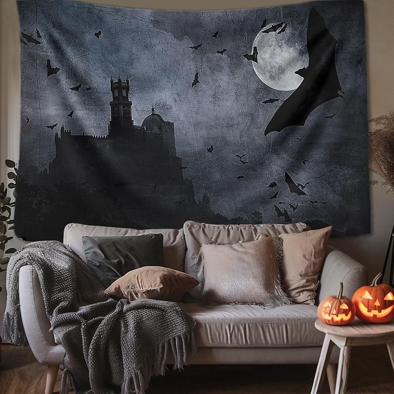 Halloween Decorations Tapestry Jack O Lantern Pumpkin Decor Wall Art Large Hanging Tapestry Mural Decor Photograph Backdrop Blanket Curtain Home Bedroom Living Room Skull Skeleton Bat Graveyard 8