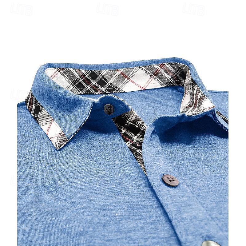Men's Business Polo Golf Shirt Work Business Lapel Classic Short Sleeve Basic Modern Color Block Patchwork Button Spring & Summer Regular Fit Light Blue Black Light Grey Green Khaki Dark Blue4