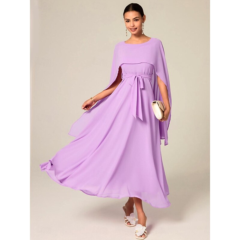 Women's Wedding Guest Cocktail Dress A Line Maxi  Chiffon Belted Elegant Formal Crew Neck Dress Light Purple Color3