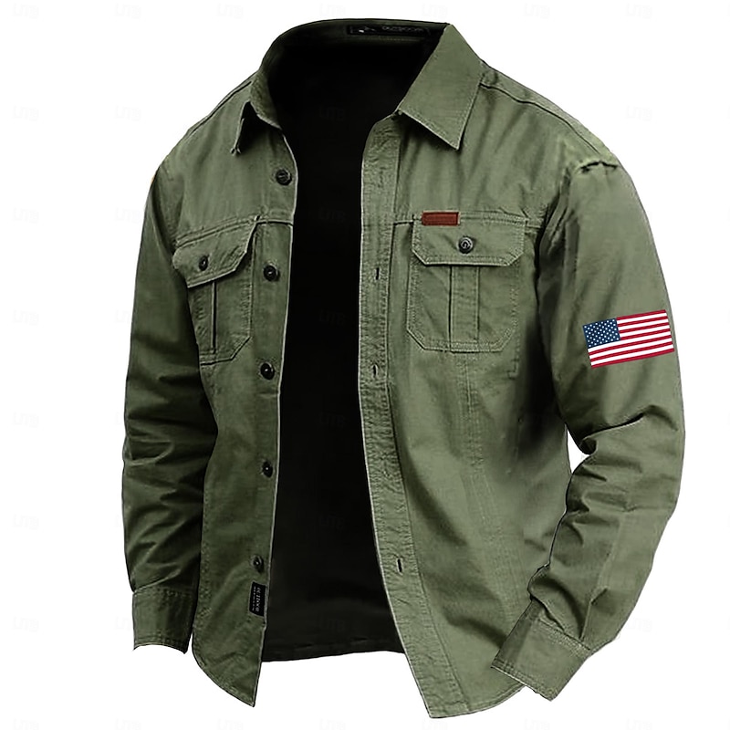 Men's American US Flag Work Shirt Western Shirt Cargo Shirt Long Sleeve Casual Tactical Sports & Outdoor Going out Winter Spring &  Fall Turndown Print Army Green Blue Khaki
