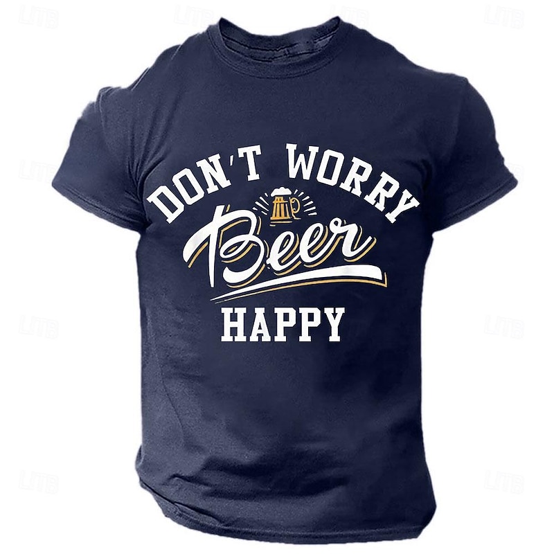 Men's T-Shirt with 'Don't Worry Beer Happy' Graphic, Funny Short Sleeve Beer Lover Design3