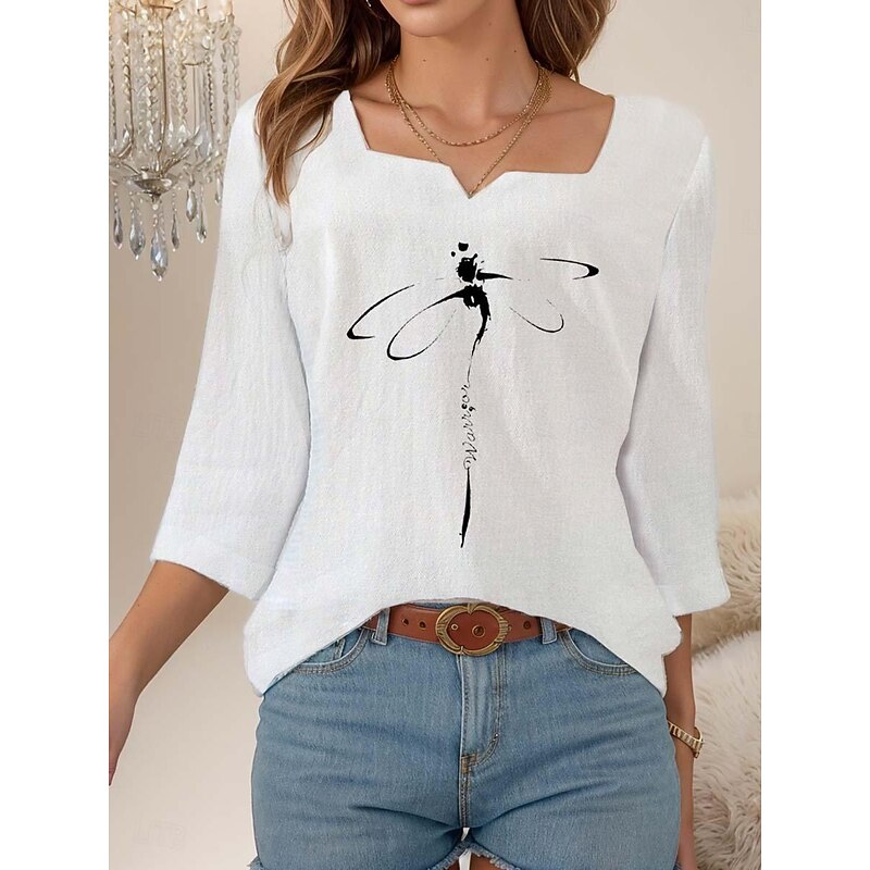 Women's Blouse Animal Elegant 3/4 Length Sleeve Notched Neck Regular Tops Daily Linen Like Going out Print White Summer