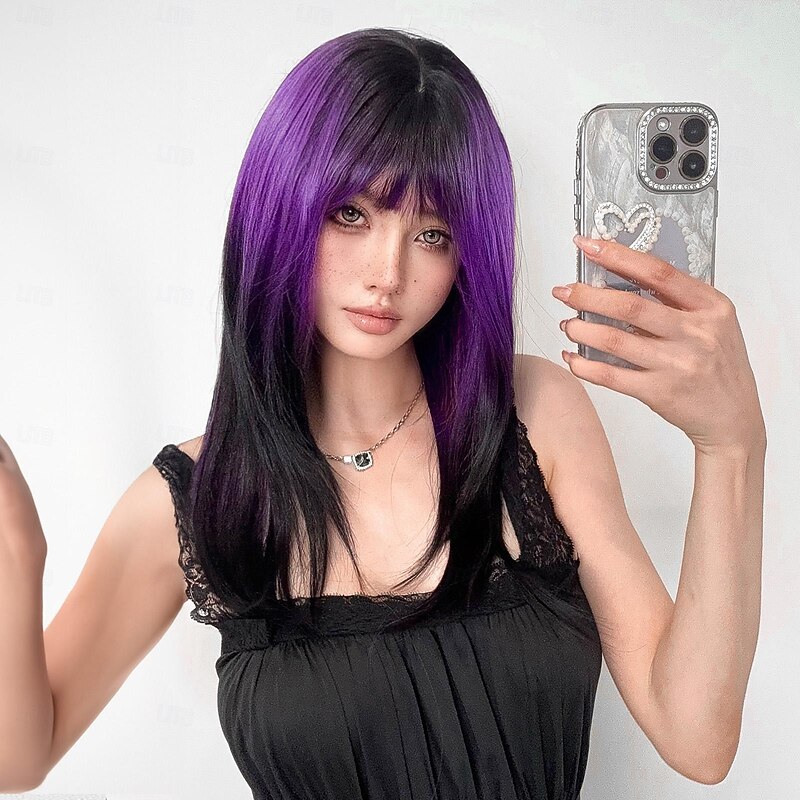 Synthetic Wig Uniforms Career Costumes Princess Straight kinky Straight Middle Part Layered Haircut Machine Made Wig 22 inch Dark Purple Synthetic Hair Women's Cosplay Party Fashion Purple4