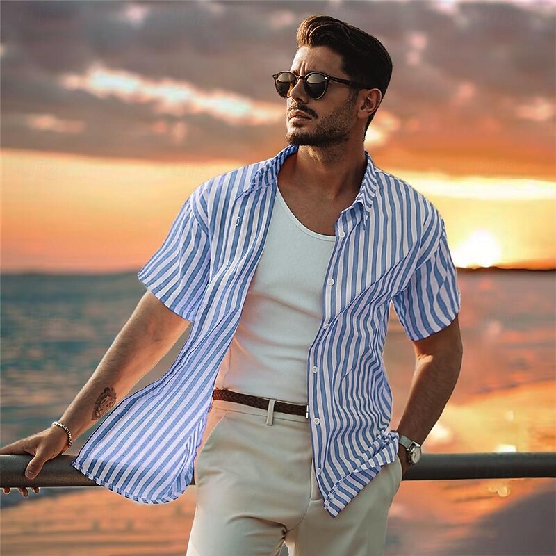 Men's 100% Cotton Shirt Blue Short Sleeve Striped Turndown Shirt Collar Work Sports & Outdoor Button Clothing Apparel Vacation Daily Casual Daily