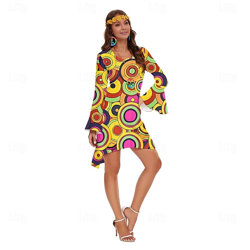 Retro Vintage 1970s 70s Fancy Dress Women Bell Sleeve Hippie Disco Graphic Round Neck Fancy Dress Women's Halloween Carnival Masquerade Party Daily Wear Pride Parade Adults' Dress All Seasons3