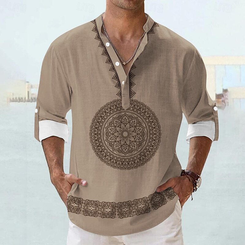Men's Shirt Linen Shirt Button Up Shirt Long Sleeve Tribal Fashion Casual Vacation Causal Casual Summer Spring &  Fall Stand Collar Buttons Print Black Khaki Beige2