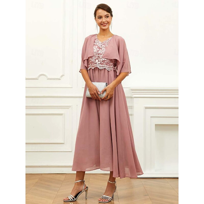 Women's Wedding Guest Cocktail Dress Chiffon Lace Ruffle V Neck Short Sleeve Midi Dress Party Elegant Formal Pink Summer3