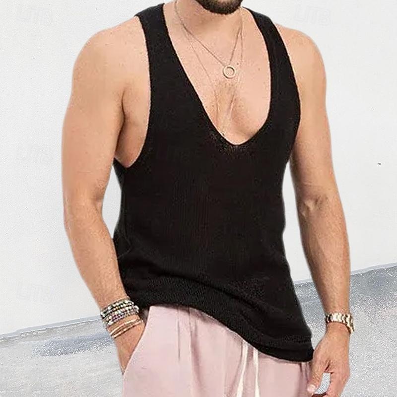 Men's Tank Top Vest Top Undershirt Sleeveless Shirt Sleeveless V Neck Spring & Summer Plain Fashion Designer Basic Knitted Vacation Street Going out Black Red Blue Top Tee for Men