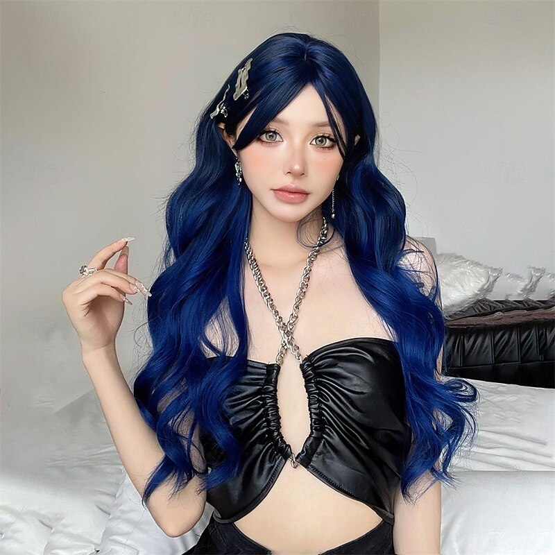 Synthetic Wig Uniforms Career Costumes Princess Curly Wavy Middle Part Layered Haircut Machine Made Wig 28 inch Black / Sapphire Blue Synthetic Hair Women's Cosplay Party Fashion Blue Halloween Wigs4