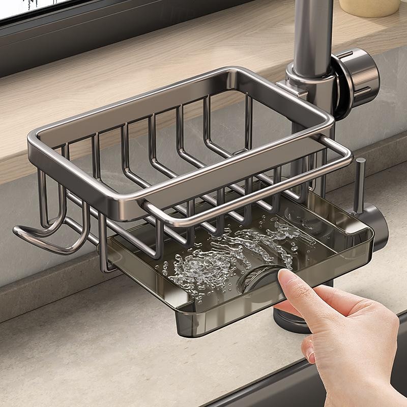 Kitchen Sink Faucet Organizer,Rustproof Aluminum Holder for Sponge, Soap, Brush, Space-Saving Design with Drip Tray, Easy Installation