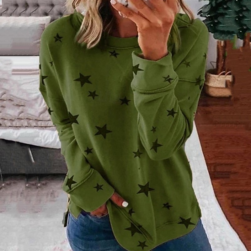 Women's T Shirt Star Fashion Long Sleeve Round Neck Regular Tops Daily Weekend Print Blue Green Khaki Gray Spring &  Fall3