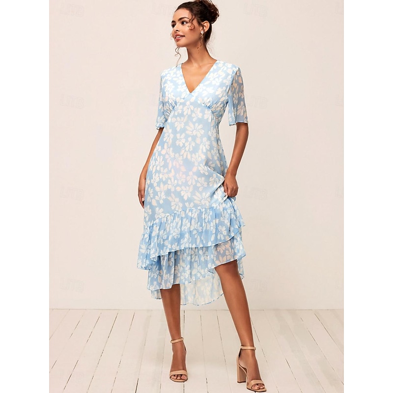 Women's Tea Length A Line Dress Layered Dress Elegant Flared Sleeve Vacation Daily Loose Fit Floral Half Sleeve V Neck Light Blue Summer