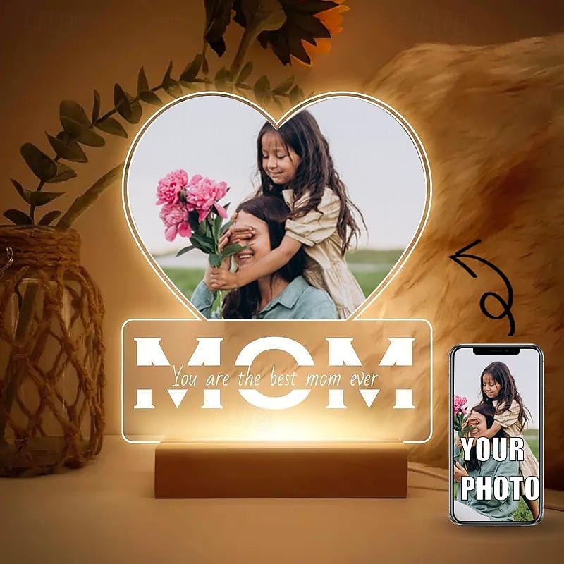 Personalized Light Up Photo Frame Custom Best Gift for Mom – You Are the Best Mom, Heart-Shaped Acrylic Night Light for Valentine's Day, Wedding, Anniversary, Birthday Gift