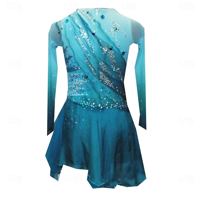 Figure Skating Dress Women's Ice Skating Skirt Dress Green Thumbhole Open Back Spandex High Elasticity Professional Competition Skating Wear Thermal Warm Classic Crystal / Rhinestone Long Sleeve Ice2