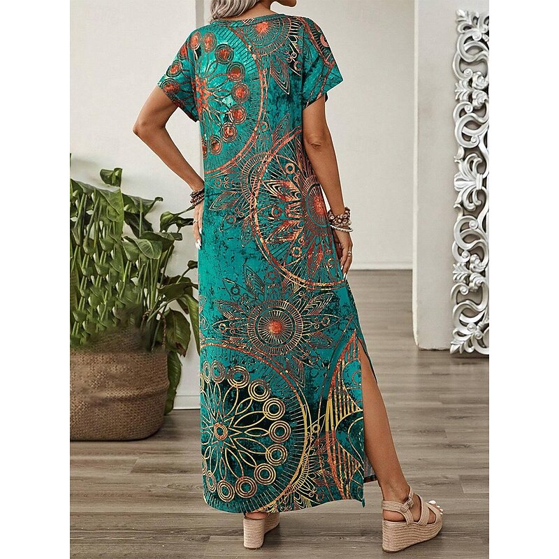 Women's Maxi Dress Sundress Shift Dress A Line Dress Casual Drop Shoulder Daily Loose Fit Graphic Short Sleeve V Neck Blue Green Summer2