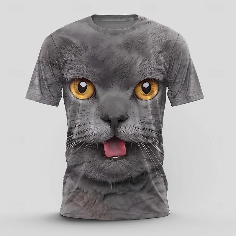 Men's Cat T Shirt Short Sleeve T shirt 3D Print Crew Neck Shirt Retro Vintage Casual Street Style Sports Outdoor Holiday Going out Black Dark Gray Spring & Summer Clothing Apparel S M L XL 2XL 3XL