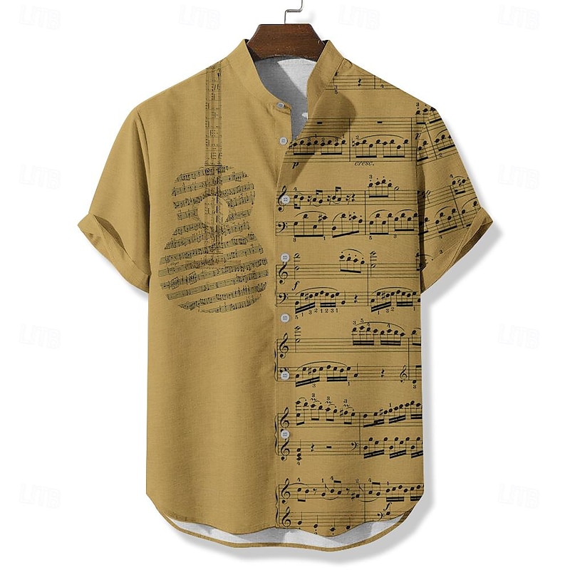 Men's Boardmasters Music Guitar Shirt Button Up Shirt Short Sleeve Vintage Casual Daily Summer Spring Grandad Collar Band Collar Button Up Pocket 3D Print Blue Brown Khaki Beige4