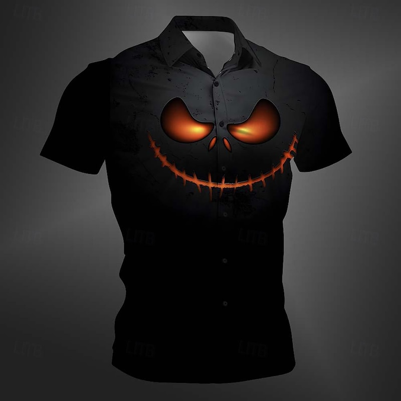 Halloween Men's Pumpkin Halloween Costumes Shirt Button Up Shirt Short Sleeve Casual Dark Vacation Party Evening Wear Daily Summer Winter Spring &  Fall Turndown Button Up 3D Print Purple Orange Green2