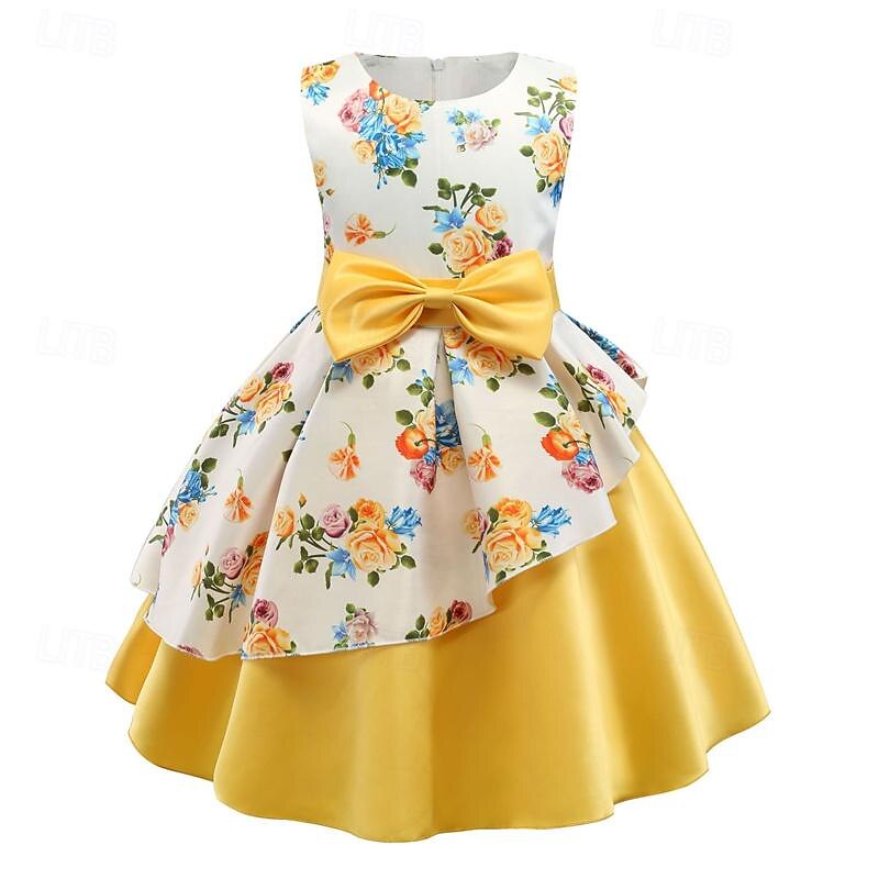 Kids Girls' Party Dress Floral Sleeveless Performance Birthday Tie Knot Beautiful Sweet Polyester Knee-length Party Dress Swing Dress A Line Dress Summer 4 years+ Yellow Pink Red4