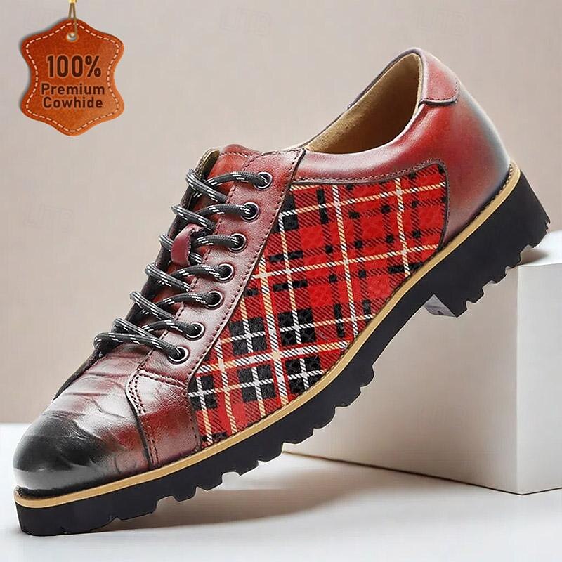 Men's Red Plaid Leather Casual Shoes with Lace-Up Design - Stylish and Comfortable for Christmas,Everyday Wear