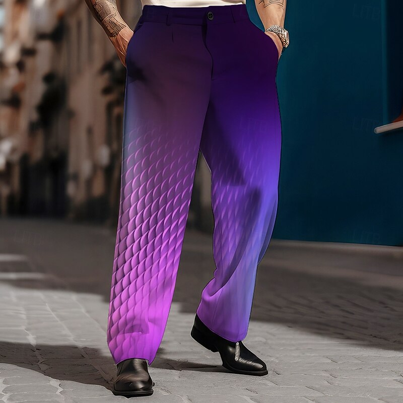 Men's Geometric Dress Pants Mid Waist Business Casual Formal Dailywear Zipper Pocket Straight Leg Trousers Summer Spring Fall 3D Print Purple