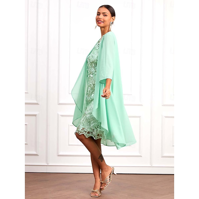 Women's Wedding Guest Cocktail Dress Set Chiffon Lace V Neck 3/4 Length Sleeve Mini Dress Party Elegant Formal Light Green Summer Spring 15