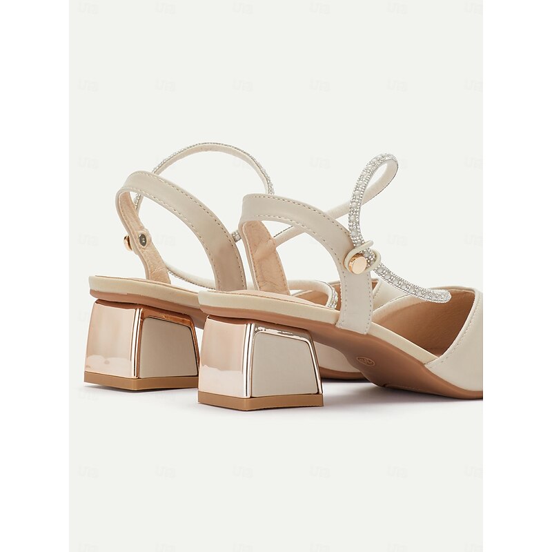 Elegant Women's Slingback Pointed Toe Heels with Rhinestone Strap - Beige Mid-Heel Shoes for Weddings and Parties3