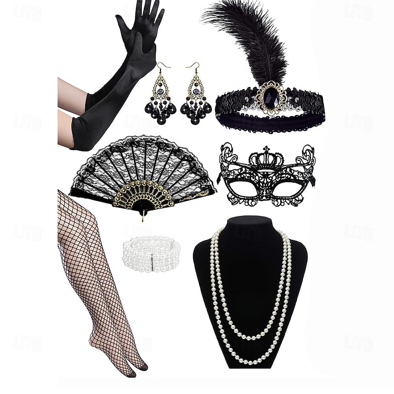 1920s The Great Gatsby Outfits Flapper Headband The Great Gatsby Wedding Guest Collarless Fancy Dress Women's Halloween Carnival Masquerade Party Masquerade Wedding Reception Adults' 1 Fan 1 Bracelet2