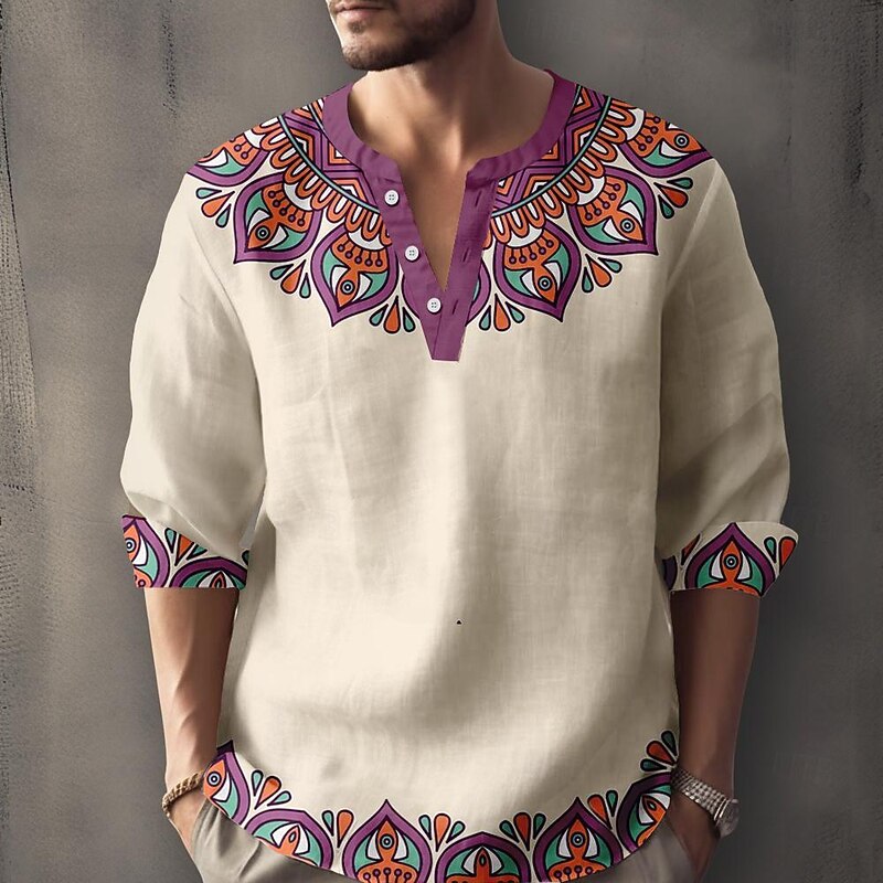 Men's Pattern Ethnic Shirt Button Up Shirt Long Sleeve Casual Tribal Daily Holiday Summer Spring Fall Stand Collar Print Beige