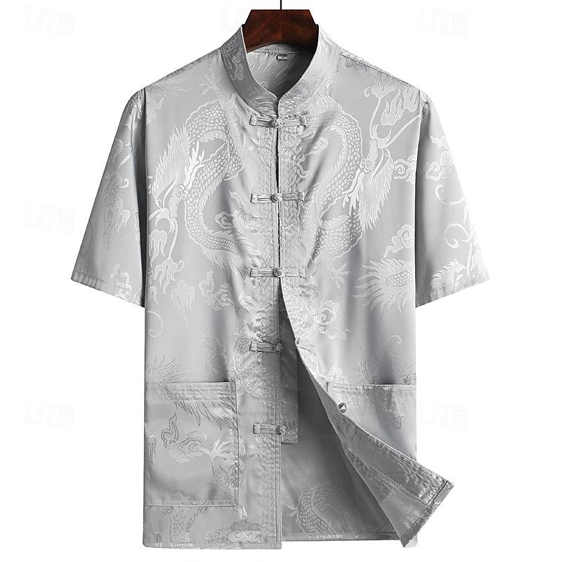 Men's Shirt Chinese Collar Shirt Mandarin Collar Shirt Summer Shirt Casual Shirt Beach Shirt White Yellow Red Blue Gray Short Sleeve Dragon Mandarin Collar Vacation Holiday Embroidered Clothing2