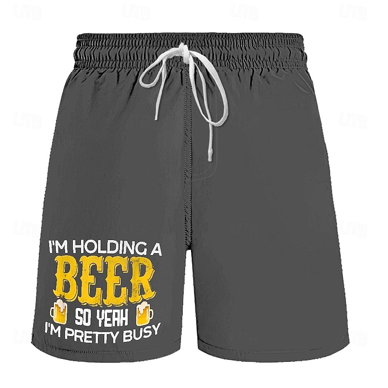 Men's Letter Funny Beer Swim Trunks Swim Shorts Board Shorts Mid Waist Hawaiian Casual Holiday Beach Drawstring with Mesh lining Elastic Waist Designer Clothing Apparel